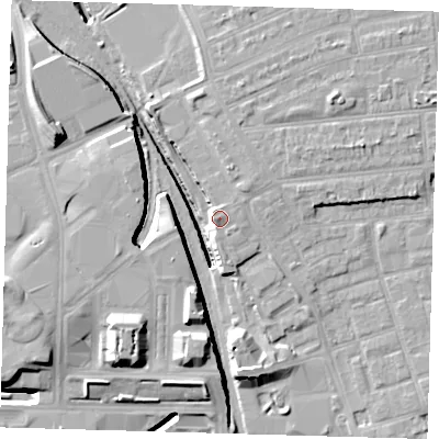 Shaded relief map of the ground around E151FT, computed from Environment Agency LiDAR. The ground here sits at about 11 m above sea level and falls 19 m across the surrounding 800 m. Surface water reaching this point runs off ground lying to the west, 1.5 m higher.