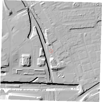 Shaded relief map of the ground around E151FX, computed from Environment Agency LiDAR. The ground here sits at about 7 m above sea level and falls 32 m across the surrounding 800 m. Surface water reaching this point runs off ground lying to the south, 7.4 m higher.