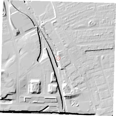 Shaded relief map of the ground around E151FY, computed from Environment Agency LiDAR. The ground here sits at about 7 m above sea level and falls 32 m across the surrounding 800 m. Surface water reaching this point runs off ground lying to the south-south-west, 17.8 m higher.