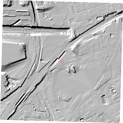 Shaded relief map of the ground around E151GR, computed from Environment Agency LiDAR. The ground here sits at about 6 m above sea level and falls 31 m across the surrounding 800 m. Surface water reaching this point runs off ground lying to the north-east, 8.5 m higher.