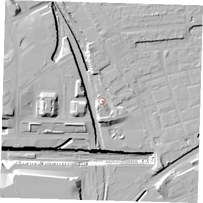 Shaded relief map of the ground around E151GT, computed from Environment Agency LiDAR. The ground here sits at about 9 m above sea level and falls 32 m across the surrounding 800 m. Surface water reaching this point runs off ground lying to the south, 6.7 m higher.