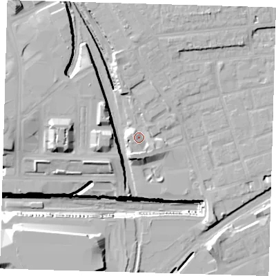 Shaded relief map of the ground around E151GU, computed from Environment Agency LiDAR. The ground here sits at about 10 m above sea level and falls 32 m across the surrounding 800 m. Surface water reaching this point runs off ground lying to the south-south-west, 6.1 m higher.