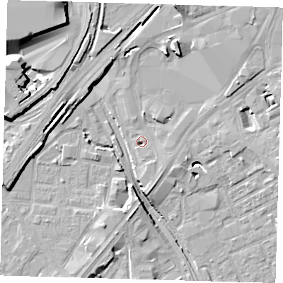 Shaded relief map of the ground around E151LB, computed from Environment Agency LiDAR. The ground here sits at about 5 m above sea level and falls 15 m across the surrounding 800 m. Surface water reaching this point runs off ground lying to the south-south-east, 4.0 m higher.