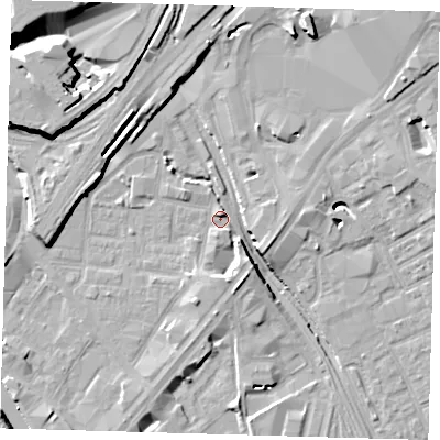 Shaded relief map of the ground around E151LF, computed from Environment Agency LiDAR. The ground here sits at about 3 m above sea level and falls 15 m across the surrounding 800 m. Surface water reaching this point runs off ground lying to the west, 6.2 m higher.