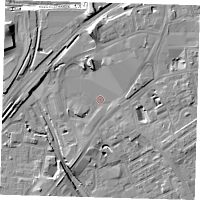 Shaded relief map of the ground around E151XA, computed from Environment Agency LiDAR. The ground here sits at about 5 m above sea level and falls 29 m across the surrounding 800 m. Surface water reaching this point runs off ground lying to the north-east, 3.5 m higher.