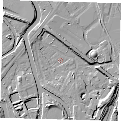 Shaded relief map of the ground around E151XB, computed from Environment Agency LiDAR. The ground here sits at about 3 m above sea level and falls 13 m across the surrounding 800 m. Surface water reaching this point runs off ground lying to the south-east, 11.3 m higher.