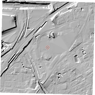 Shaded relief map of the ground around E151XD, computed from Environment Agency LiDAR. The ground here sits at about 5 m above sea level and falls 29 m across the surrounding 800 m. Surface water reaching this point runs off ground lying to the north, 8.5 m higher.