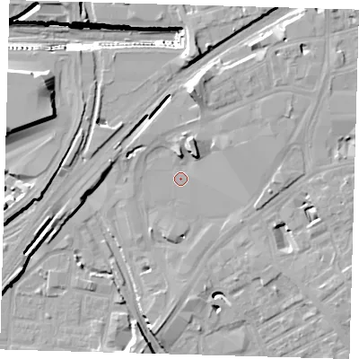 Shaded relief map of the ground around E151XE, computed from Environment Agency LiDAR. The ground here sits at about 5 m above sea level and falls 29 m across the surrounding 800 m. Surface water reaching this point runs off ground lying to the north-north-east, 5.0 m higher.