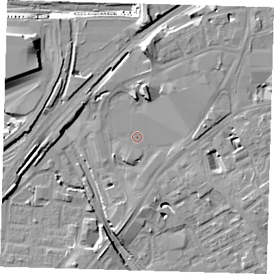 Shaded relief map of the ground around E151XJ, computed from Environment Agency LiDAR. The ground here sits at about 5 m above sea level and falls 29 m across the surrounding 800 m. Surface water reaching this point runs off ground lying to the north, 8.5 m higher.