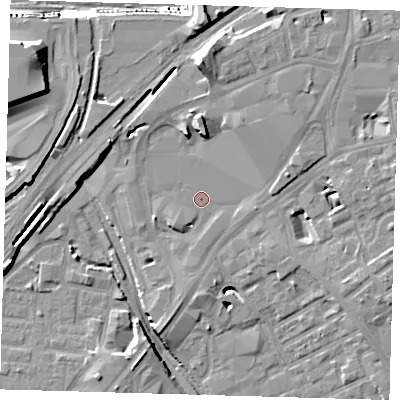 Shaded relief map of the ground around E151XL, computed from Environment Agency LiDAR. The ground here sits at about 5 m above sea level and falls 29 m across the surrounding 800 m. Surface water reaching this point runs off ground lying to the north, 8.5 m higher.