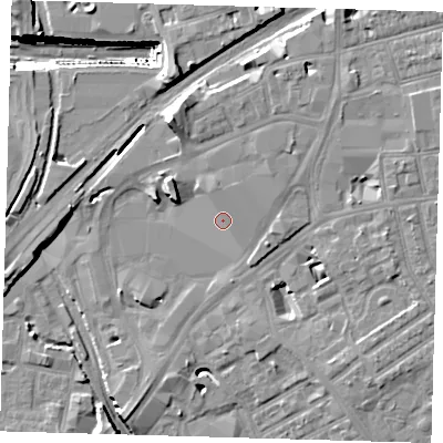 Shaded relief map of the ground around E151XQ, computed from Environment Agency LiDAR. The ground here sits at about 7 m above sea level and falls 26 m across the surrounding 800 m. Surface water reaching this point runs off ground lying to the north, 2.1 m higher.