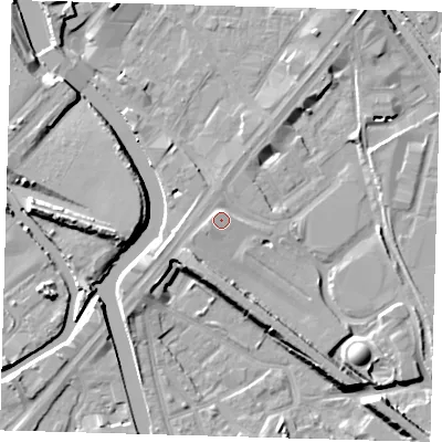 Shaded relief map of the ground around E152AE, computed from Environment Agency LiDAR. The ground here sits at about 6 m above sea level and falls 10 m across the surrounding 800 m. Surface water reaching this point runs off ground lying to the west-south-west, 2.6 m higher.