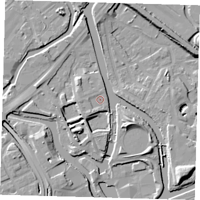 Shaded relief map of the ground around E152AF, computed from Environment Agency LiDAR. The ground here sits at about 5 m above sea level and falls 13 m across the surrounding 800 m. Surface water reaching this point runs off ground lying to the south-west, 2.0 m higher.