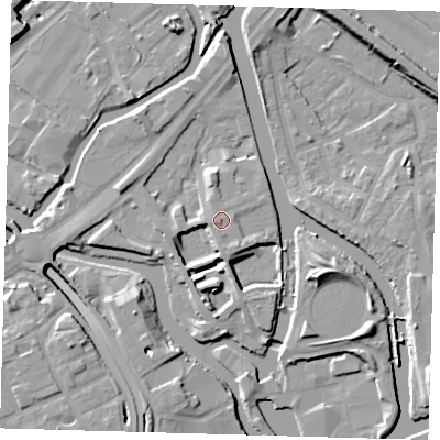 Shaded relief map of the ground around E152AL, computed from Environment Agency LiDAR. The ground here sits at about 7 m above sea level and falls 11 m across the surrounding 800 m. Surface water reaching this point runs off ground lying to the south, 0.9 m higher.