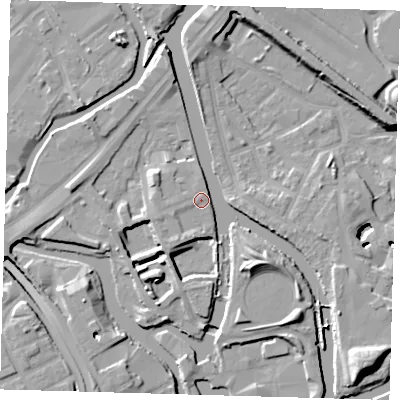 Shaded relief map of the ground around E152BW, computed from Environment Agency LiDAR. The ground here sits at about 6 m above sea level and falls 13 m across the surrounding 800 m. Surface water reaching this point runs off ground lying to the south-east, 8.7 m higher.