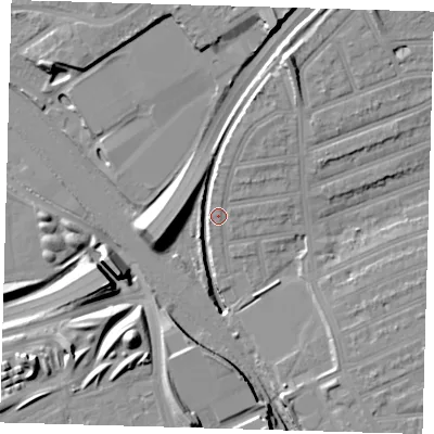 Shaded relief map of the ground around E152DA, computed from Environment Agency LiDAR. The ground here sits at about 8 m above sea level and falls 18 m across the surrounding 800 m. Surface water reaching this point runs off ground lying to the north-north-east, 14.3 m higher.
