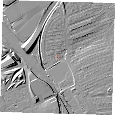 Shaded relief map of the ground around E152DD, computed from Environment Agency LiDAR. The ground here sits at about 7 m above sea level and falls 18 m across the surrounding 800 m. Surface water reaching this point runs off ground lying to the north, 9.2 m higher.