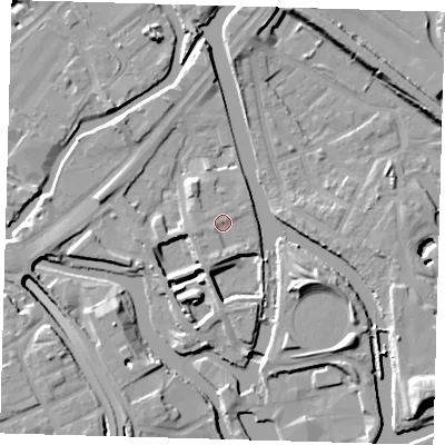 Shaded relief map of the ground around E152DP, computed from Environment Agency LiDAR. The ground here sits at about 6 m above sea level and falls 13 m across the surrounding 800 m. Surface water reaching this point runs off ground lying to the south, 2.0 m higher.
