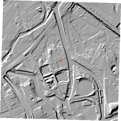 Shaded relief map of the ground around E152DQ, computed from Environment Agency LiDAR. The ground here sits at about 6 m above sea level and falls 13 m across the surrounding 800 m. Surface water reaching this point runs off ground lying to the south-south-west, 2.0 m higher.