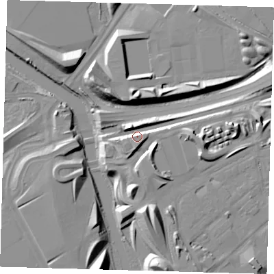 Shaded relief map of the ground around E152EN, computed from Environment Agency LiDAR. The ground here sits at about 13 m above sea level and falls 15 m across the surrounding 800 m. Surface water reaching this point runs off ground lying to the east, 12.2 m higher.