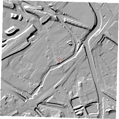 Shaded relief map of the ground around E152EU, computed from Environment Agency LiDAR. The ground here sits at about 5 m above sea level and falls 16 m across the surrounding 800 m. Surface water reaching this point runs off ground lying to the north-north-east, 9.4 m higher.