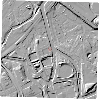 Shaded relief map of the ground around E152EY, computed from Environment Agency LiDAR. The ground here sits at about 6 m above sea level and falls 13 m across the surrounding 800 m. Surface water reaching this point runs off ground lying to the south-east, 8.7 m higher.