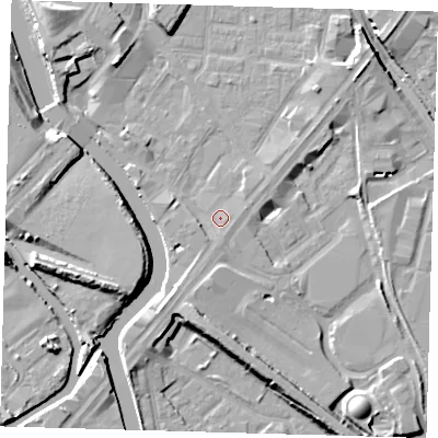 Shaded relief map of the ground around E152FD, computed from Environment Agency LiDAR. The ground here sits at about 4 m above sea level and falls 10 m across the surrounding 800 m. Surface water reaching this point runs off ground lying to the south, 1.3 m higher.