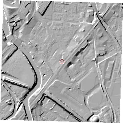 Shaded relief map of the ground around E152FF, computed from Environment Agency LiDAR. The ground here sits at about 4 m above sea level and falls 10 m across the surrounding 800 m. Surface water reaching this point runs off ground lying to the east-north-east, 1.2 m higher.