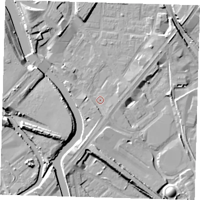 Shaded relief map of the ground around E152FG, computed from Environment Agency LiDAR. The ground here sits at about 4 m above sea level and falls 10 m across the surrounding 800 m. Surface water reaching this point runs off ground lying to the south-south-west, 4.9 m higher.