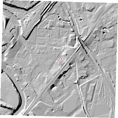 Shaded relief map of the ground around E152FJ, computed from Environment Agency LiDAR. The ground here sits at about 4 m above sea level and falls 15 m across the surrounding 800 m. Surface water reaching this point runs off ground lying to the east-north-east, 3.6 m higher.