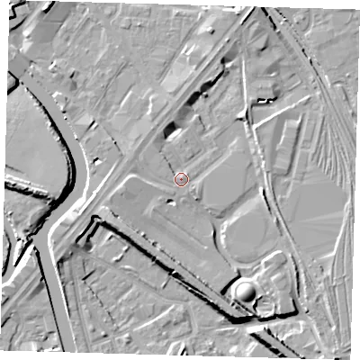 Shaded relief map of the ground around E152FS, computed from Environment Agency LiDAR. The ground here sits at about 4 m above sea level and falls 10 m across the surrounding 800 m. Surface water reaching this point runs off ground lying to the south, 7.4 m higher.
