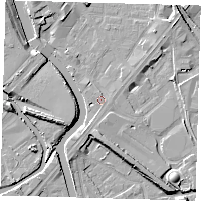 Shaded relief map of the ground around E152FZ, computed from Environment Agency LiDAR. The ground here sits at about 6 m above sea level and falls 10 m across the surrounding 800 m. Surface water reaching this point runs off ground lying to the south-south-west, 3.2 m higher.