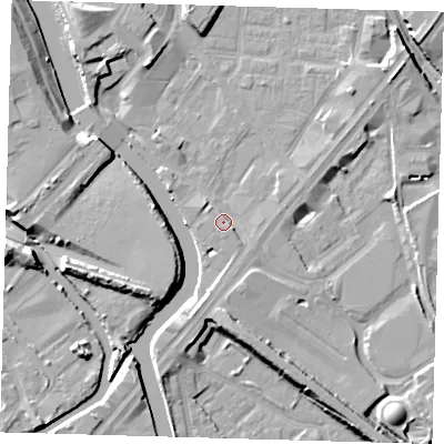 Shaded relief map of the ground around E152GD, computed from Environment Agency LiDAR. The ground here sits at about 5 m above sea level and falls 10 m across the surrounding 800 m. Surface water reaching this point runs off ground lying to the south-south-west, 4.6 m higher.