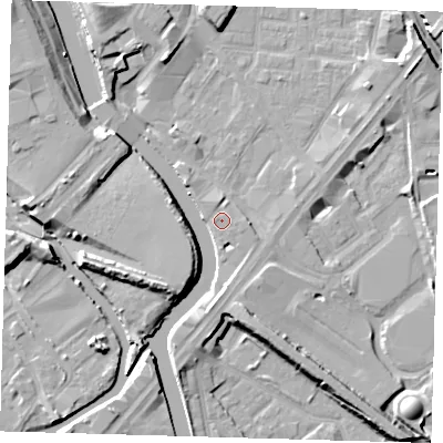 Shaded relief map of the ground around E152GE, computed from Environment Agency LiDAR. The ground here sits at about 6 m above sea level and falls 10 m across the surrounding 800 m. Surface water reaching this point runs off ground lying to the east-south-east, 0.6 m higher.