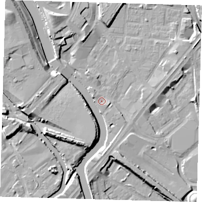 Shaded relief map of the ground around E152GG, computed from Environment Agency LiDAR. The ground here sits at about 5 m above sea level and falls 11 m across the surrounding 800 m. Surface water reaching this point runs off ground lying to the south-south-west, 7.4 m higher.