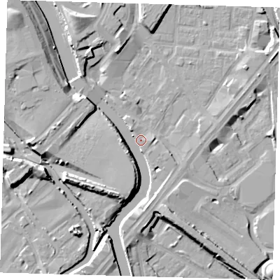 Shaded relief map of the ground around E152GJ, computed from Environment Agency LiDAR. The ground here sits at about 6 m above sea level and falls 11 m across the surrounding 800 m. Surface water reaching this point runs off ground lying to the south-south-west, 7.4 m higher.