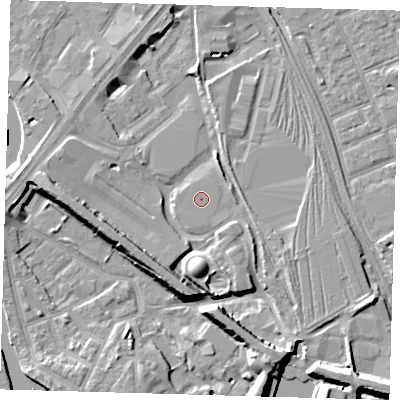Shaded relief map of the ground around E152GN, computed from Environment Agency LiDAR. The ground here sits at about 4 m above sea level and falls 10 m across the surrounding 800 m. The ground contributing surface water to this point lies to the east.