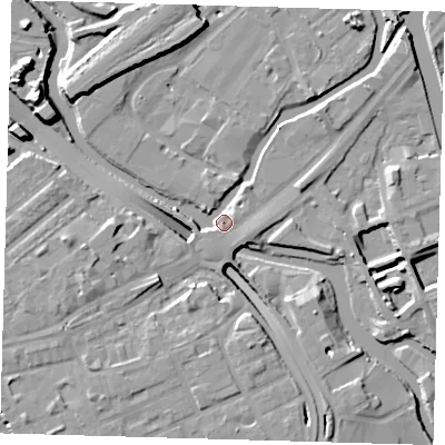 Shaded relief map of the ground around E152GR, computed from Environment Agency LiDAR. The ground here sits at about 7 m above sea level and falls 14 m across the surrounding 800 m. Surface water reaching this point runs off ground lying to the south-west, 4.6 m higher.