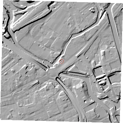 Shaded relief map of the ground around E152GT, computed from Environment Agency LiDAR. The ground here sits at about 5 m above sea level and falls 15 m across the surrounding 800 m. Surface water reaching this point runs off ground lying to the south-south-west, 2.9 m higher.