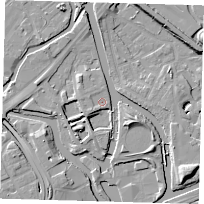 Shaded relief map of the ground around E152HF, computed from Environment Agency LiDAR. The ground here sits at about 6 m above sea level and falls 13 m across the surrounding 800 m. Surface water reaching this point runs off ground lying to the south-west, 2.0 m higher.