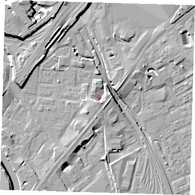 Shaded relief map of the ground around E152HP, computed from Environment Agency LiDAR. The ground here sits at about 3 m above sea level and falls 15 m across the surrounding 800 m. Surface water reaching this point runs off ground lying to the east, 4.5 m higher.