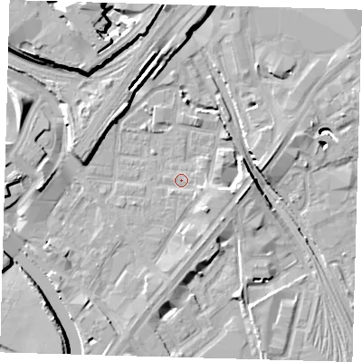 Shaded relief map of the ground around E152HR, computed from Environment Agency LiDAR. The ground here sits at about 4 m above sea level and falls 15 m across the surrounding 800 m. Surface water reaching this point runs off ground lying to the east-south-east, 3.4 m higher.