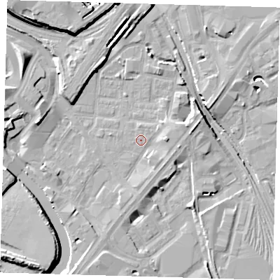 Shaded relief map of the ground around E152HS, computed from Environment Agency LiDAR. The ground here sits at about 4 m above sea level and falls 15 m across the surrounding 800 m. The ground contributing surface water to this point lies to the north-east.