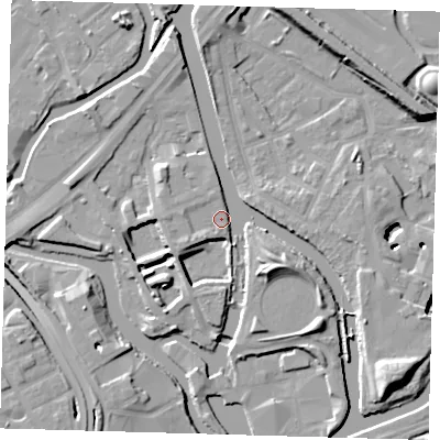 Shaded relief map of the ground around E152HT, computed from Environment Agency LiDAR. The ground here sits at about 5 m above sea level and falls 13 m across the surrounding 800 m. Surface water reaching this point runs off ground lying to the south-east, 8.7 m higher.