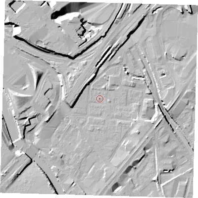 Shaded relief map of the ground around E152HU, computed from Environment Agency LiDAR. The ground here sits at about 3 m above sea level and falls 15 m across the surrounding 800 m. Surface water reaching this point runs off ground lying to the north-west, 12.8 m higher.