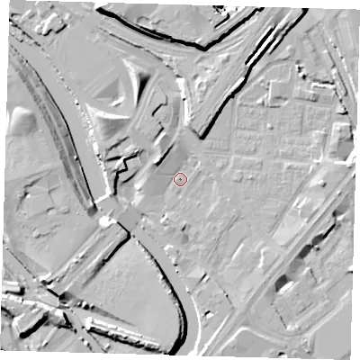 Shaded relief map of the ground around E152HX, computed from Environment Agency LiDAR. The ground here sits at about 3 m above sea level and falls 14 m across the surrounding 800 m. Surface water reaching this point runs off ground lying to the north-west, 7.3 m higher.