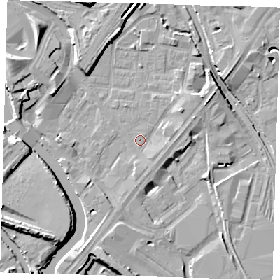 Shaded relief map of the ground around E152HY, computed from Environment Agency LiDAR. The ground here sits at about 4 m above sea level and falls 14 m across the surrounding 800 m. Surface water reaching this point runs off ground lying to the east, 2.0 m higher.