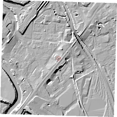 Shaded relief map of the ground around E152JA, computed from Environment Agency LiDAR. The ground here sits at about 5 m above sea level and falls 15 m across the surrounding 800 m. Surface water reaching this point runs off ground lying to the north-east, 2.6 m higher.