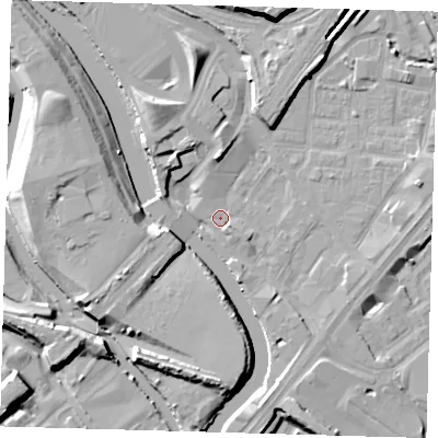 Shaded relief map of the ground around E152JD, computed from Environment Agency LiDAR. The ground here sits at about 4 m above sea level and falls 14 m across the surrounding 800 m. Surface water reaching this point runs off ground lying to the north-north-west, 7.3 m higher.