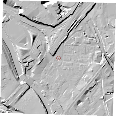 Shaded relief map of the ground around E152JE, computed from Environment Agency LiDAR. The ground here sits at about 4 m above sea level and falls 15 m across the surrounding 800 m. Surface water reaching this point runs off ground lying to the north, 12.8 m higher.